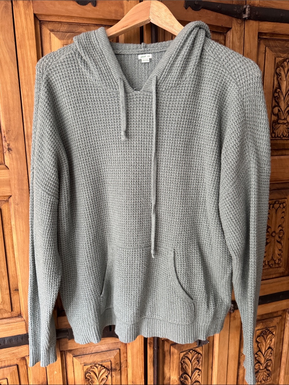 aerie Waffle-Knit Hooded Sweater in Sage